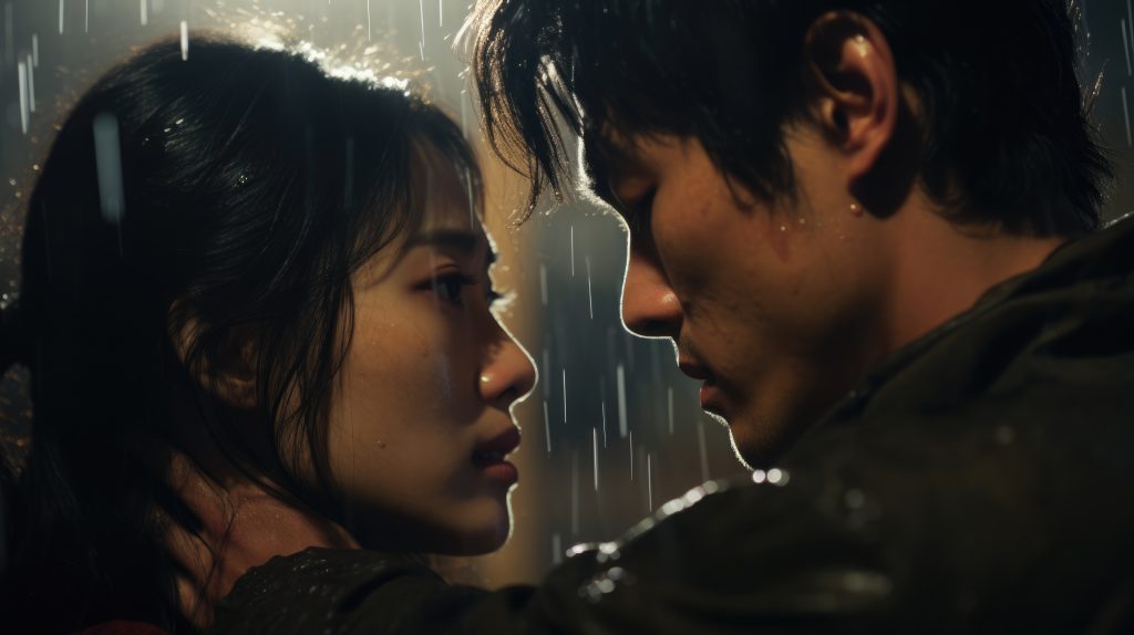 Casal coreano se olhando na chuva.